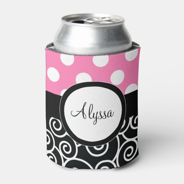 Pink Back Dots Swirl Personalised Can Cooler (Can Front)