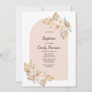 Pink background, boho baptism invitation for girl