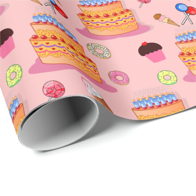 Pink Background Cake Lollipop Ice-cream Cupcakes Wrapping Paper (Roll Corner)