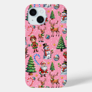 Pink Background Christmas Decorative Pattern iPhone 15 Case