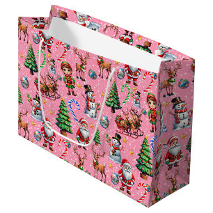 Pink Background Christmas Decorative Pattern Large Gift Bag