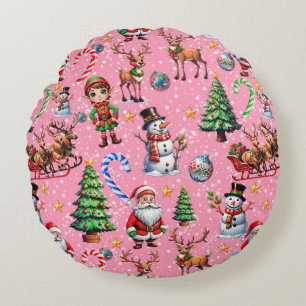 Pink Background Christmas Decorative Pattern Round Cushion