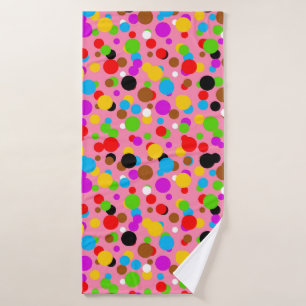 Pink Background Colourful Polka Dots Bath Towel