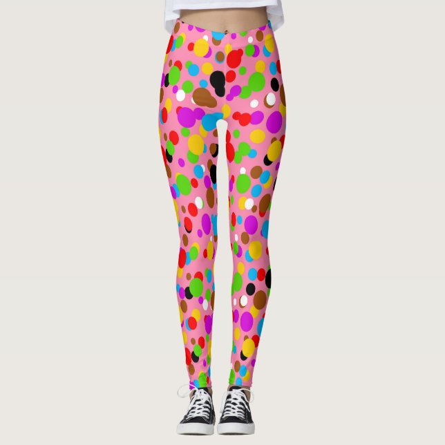 Pink Background Colourful Polka Dots Leggings (Front)
