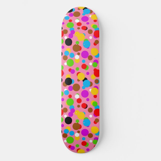 Pink Background Colourful Polka Dots Skateboard (Front)