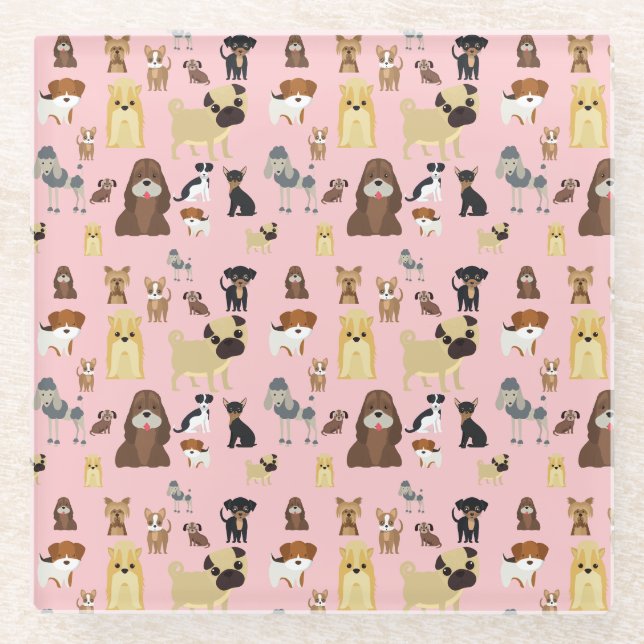 pink background dogs pattern. glass coaster (Front)