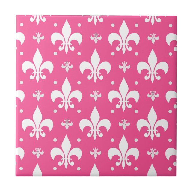 Pink Background Fleur-de-lis Pattern Design  Tile (Front)