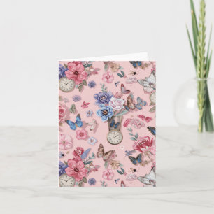 Pink background, flowers & butterflie Blank Card