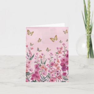Pink Background, Flowers, Butterflies blank Card