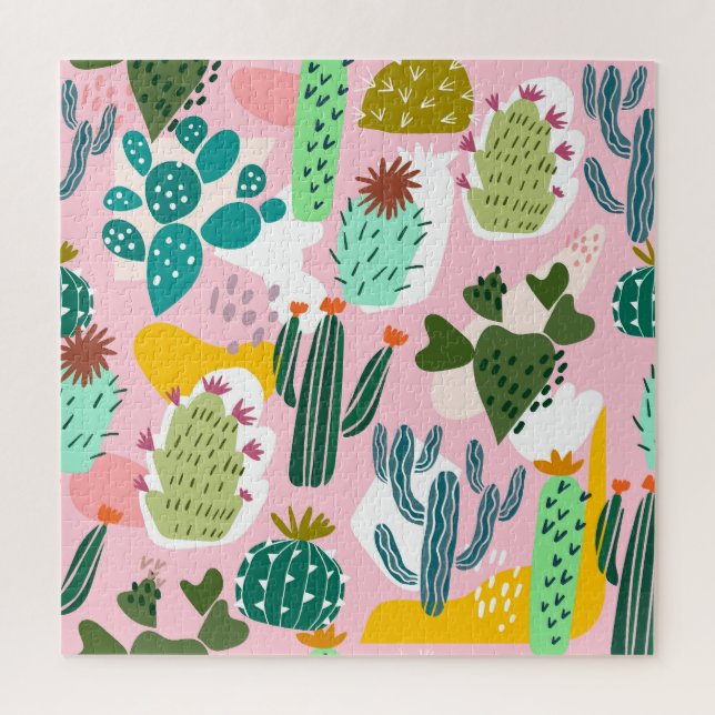 Pink background, hand-drawn cactus pattern. jigsaw puzzle (Vertical)