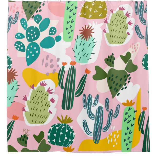 Pink background, hand-drawn cactus pattern. shower curtain (Front)