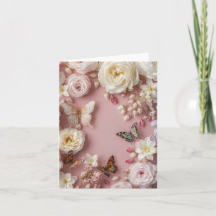 Pink Background, White flowers, Butterflies Blank Thank You Card