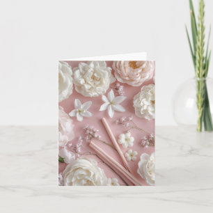 Pink Background, White flowers, Butterflies Blank Thank You Card