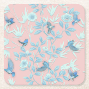 Pink background with birds and flowers square paper coaster