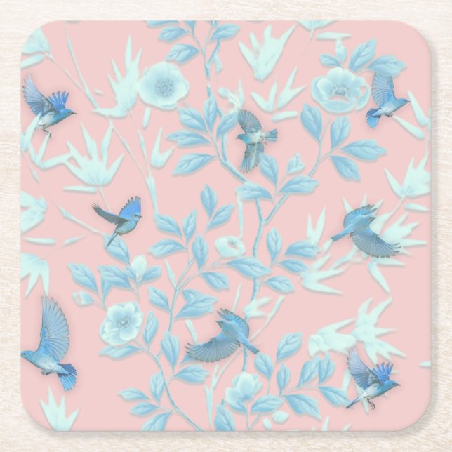 Pink background with birds and flowers square paper coaster (Front)