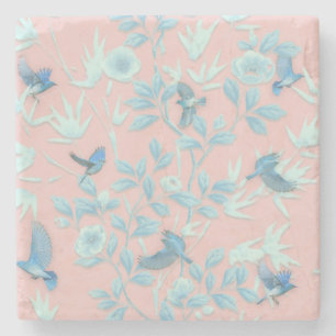Pink background with birds and flowers stone coaster