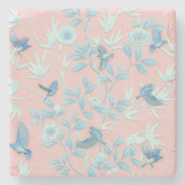 Pink background with birds and flowers stone coaster (Front)