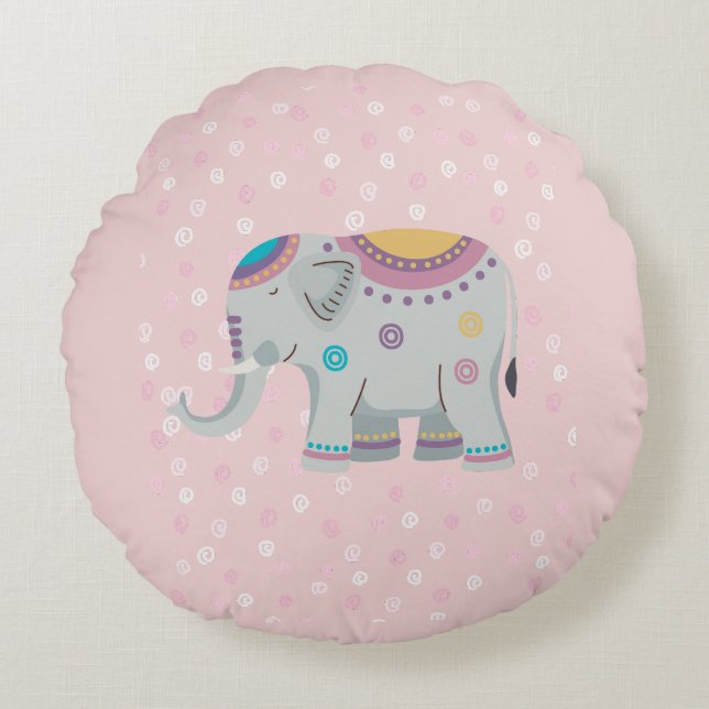 PINK BACKGROUND WITH CUTE INDIAN ELEPHANT ROUND CUSHION (Front)