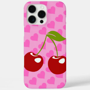 Pink Background with Red Hearts and Two Cherries  iPhone 16 Pro Max Case