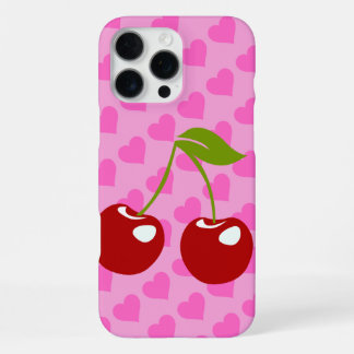 Pink Background with Red Hearts and Two Cherries iPhone 16 Pro Max Case