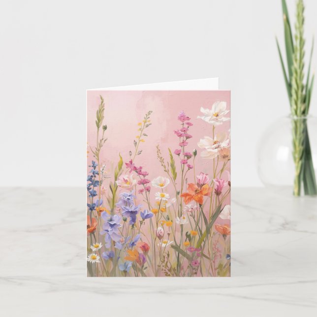 Pink Background with Wild Flowers Blank Card (Front)