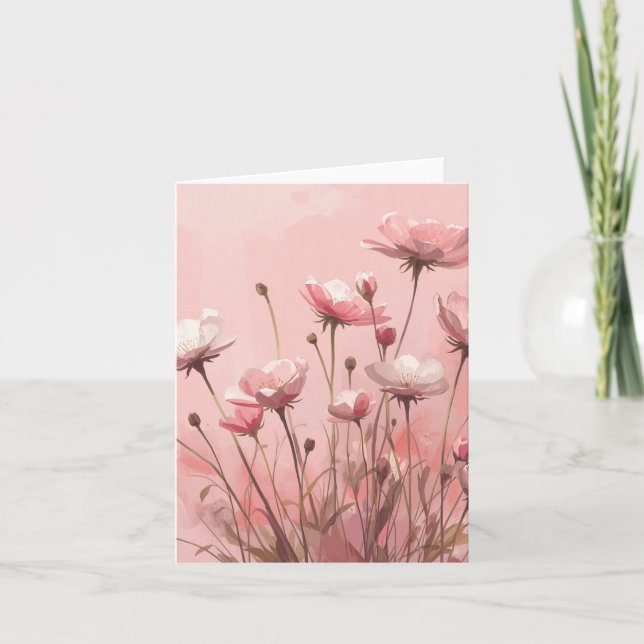 Pink Background with Wild Flowers Blank Card (Front)