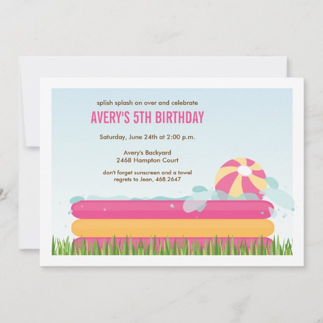 Pink Backyard Pool Party Birthday Invitation (Front)