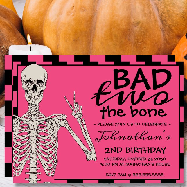 Pink Bad Two The Bone Halloween 2nd Birthday Party Invitation (Creator Uploaded)