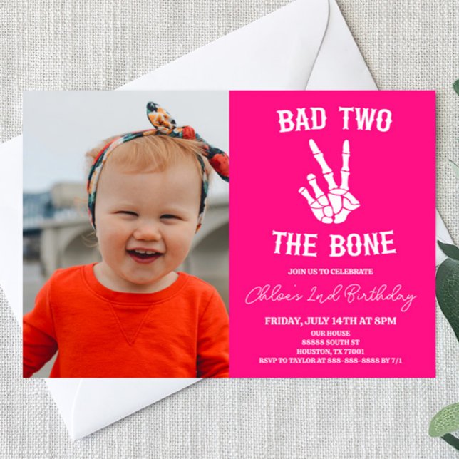 Pink Bad Two The Bone Skeleton 2nd Birthday Party Invitation (Creator Uploaded)