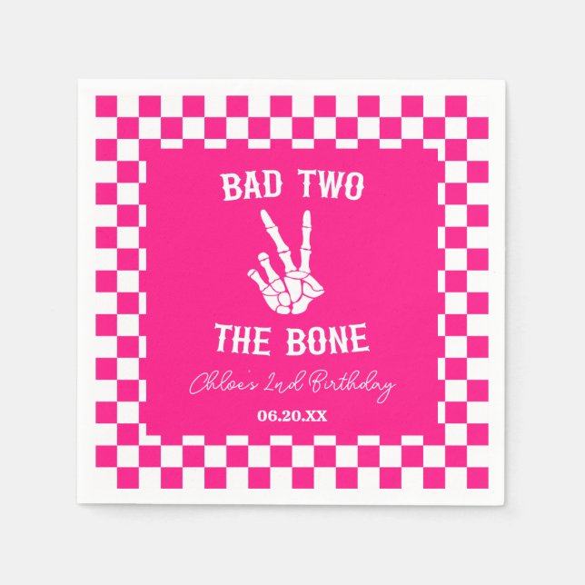 Pink Bad Two The Bone Skeleton 2nd Birthday Party Napkin (Front)