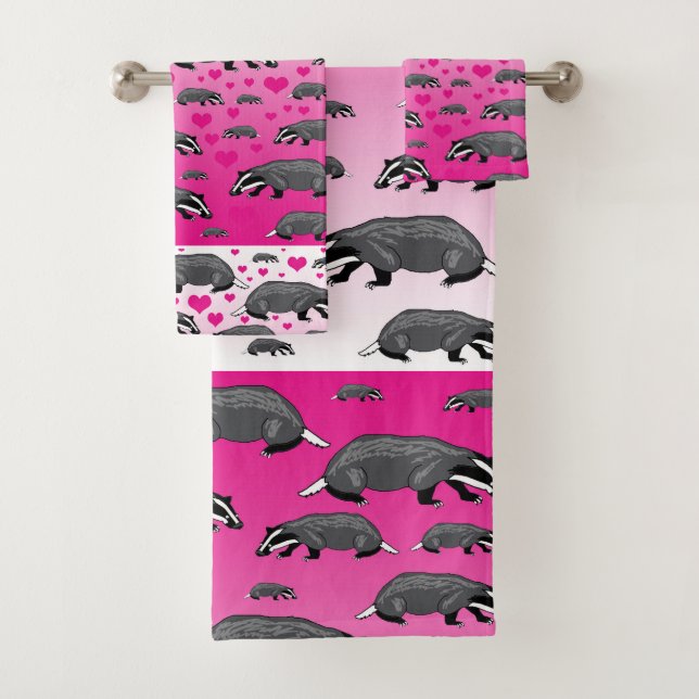 Pink Badger Hearts Bathroom Towel Set (Insitu)