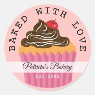 Pink Baked With Love Bakery Name Personalized Classic Round Sticker