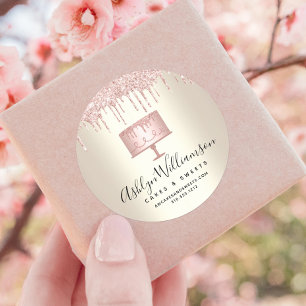 Pink Bakery Cake Glitter Drips Pastry Chef Gold Classic Round Sticker