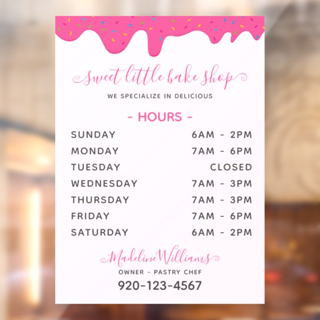 Pink Bakery Frosting Drips Hours Window Cling (Sheet 2)