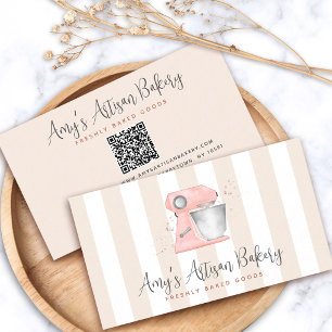 Pink Bakery Kitchen Mixer Beige Stripes QR Code Business Card