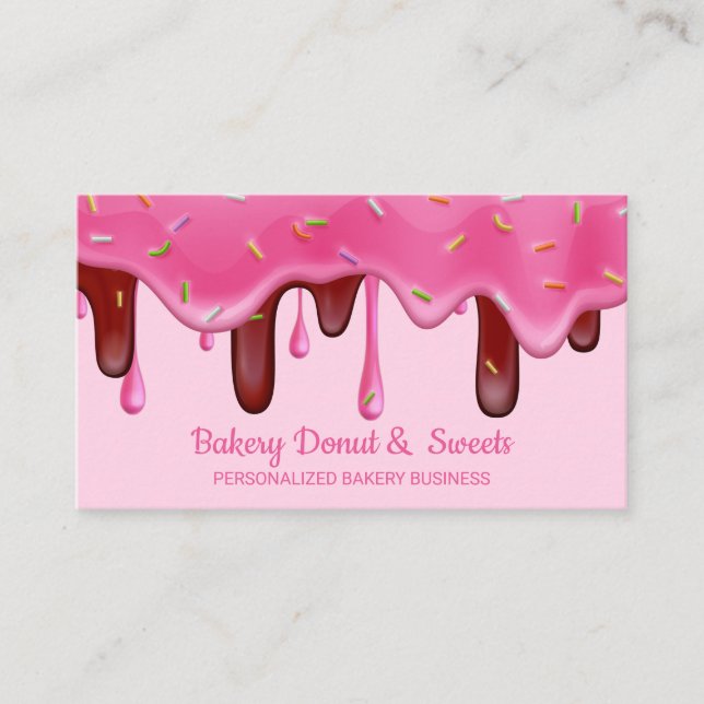 Pink Bakery Pastry Chef Cream Drips Doughnut sprin Business Card (Front)