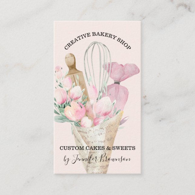 Pink Bakery Pastry Chef Floral Business Card (Front)