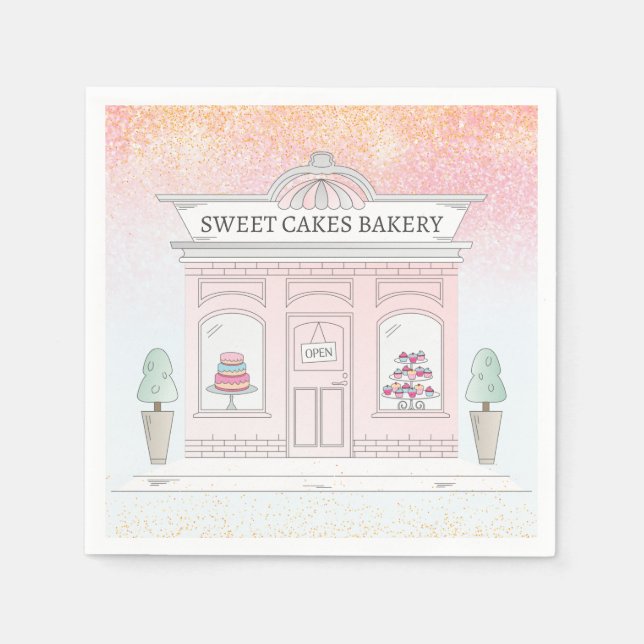 Pink Bakery Shop Napkins | Storefront Illustration (Front)