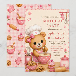Pink Baking Bear 7th Birthday Party Invitation