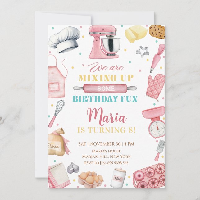 Pink Baking Girl Chef Cake Birthday Invitation (Front)