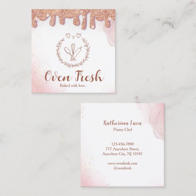 Pink Baking Utensil Glitter Drips Bakery Square Business Card (Front/Back)