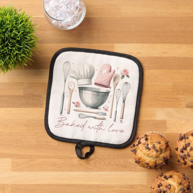 Pink Baking With Love Quote  Pot Holder (Top Down)