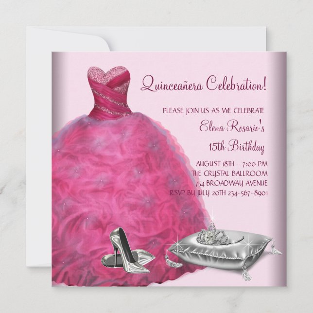 Pink Ball Gown High Heel Shoes Pink Quinceanera Invitation (Front)