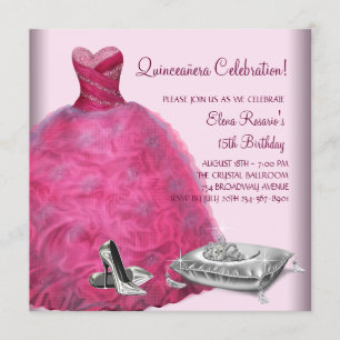 Pink Ball Gown High Heel Shoes Pink Quinceanera Invitation