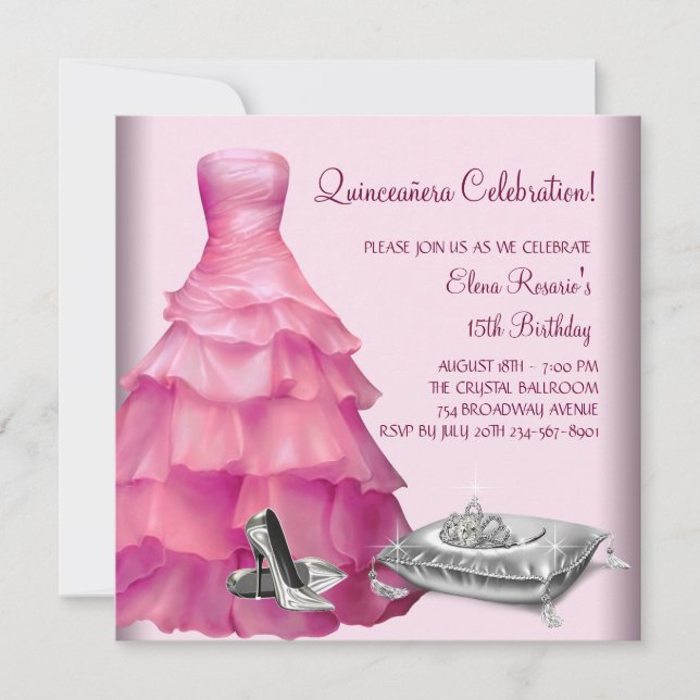 Pink Ball Gown High Heel Shoes Pink Quinceanera Invitation (Front)