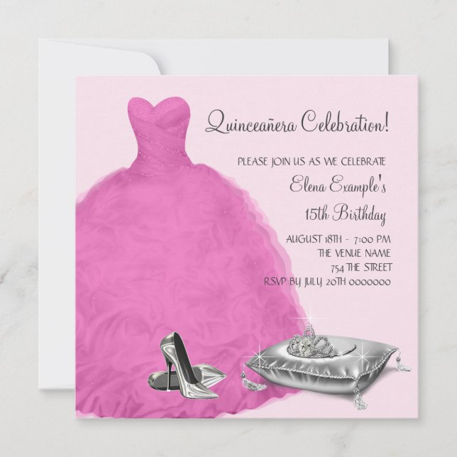 Pink Ball Gown High Heel Shoes Pink Quinceanera Invitation (Front)