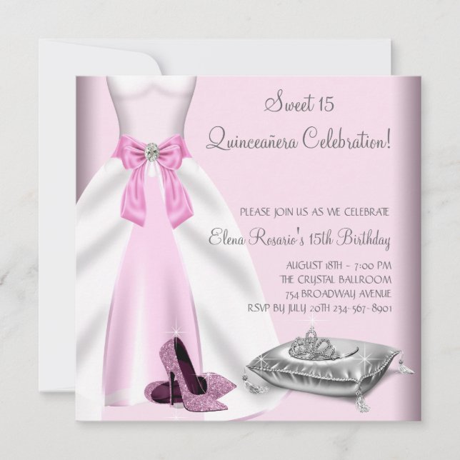 Pink Ball Gown High Heel Shoes Quinceanera Invitation (Front)