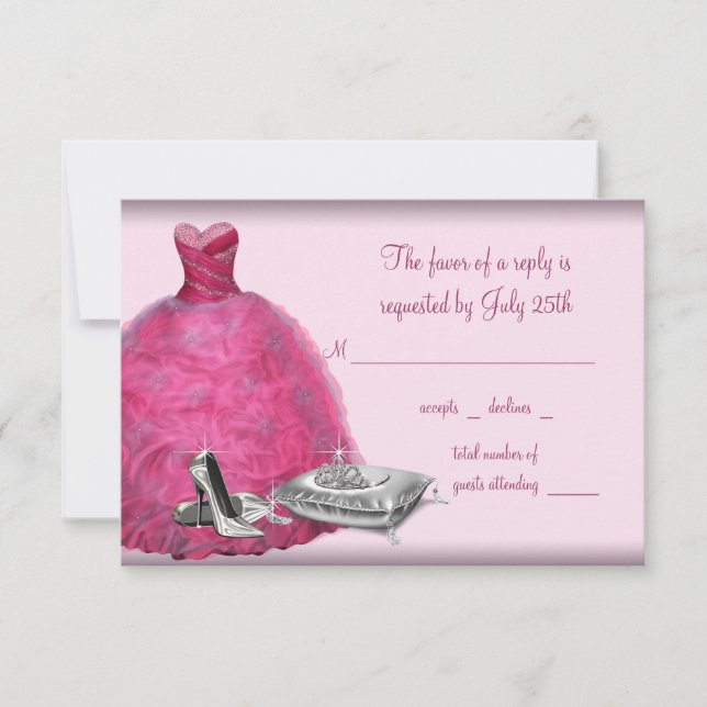 Pink Ball Gown High Heel Shoes Quinceanera RSVP Card (Front)