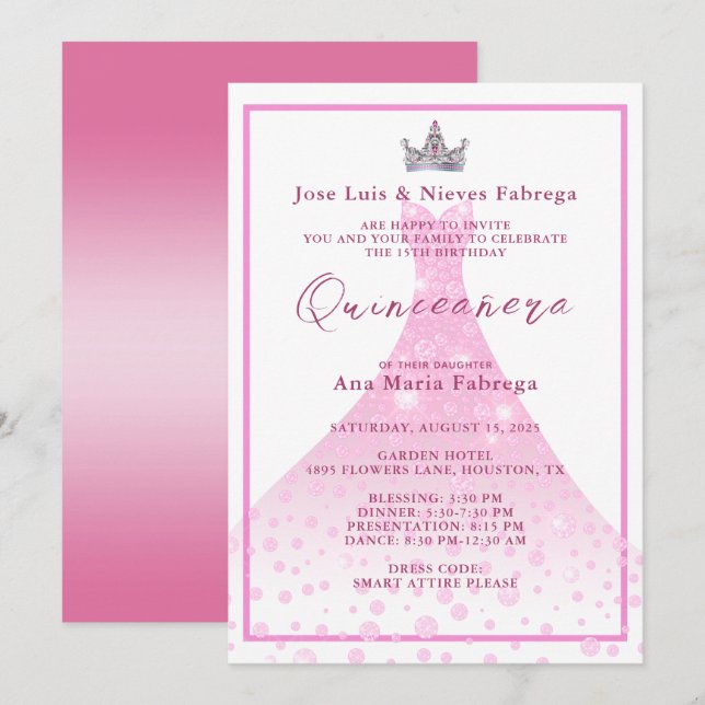 Pink Ball Gown & Tiara Quinceañera Birthday  Invitation (Front/Back)