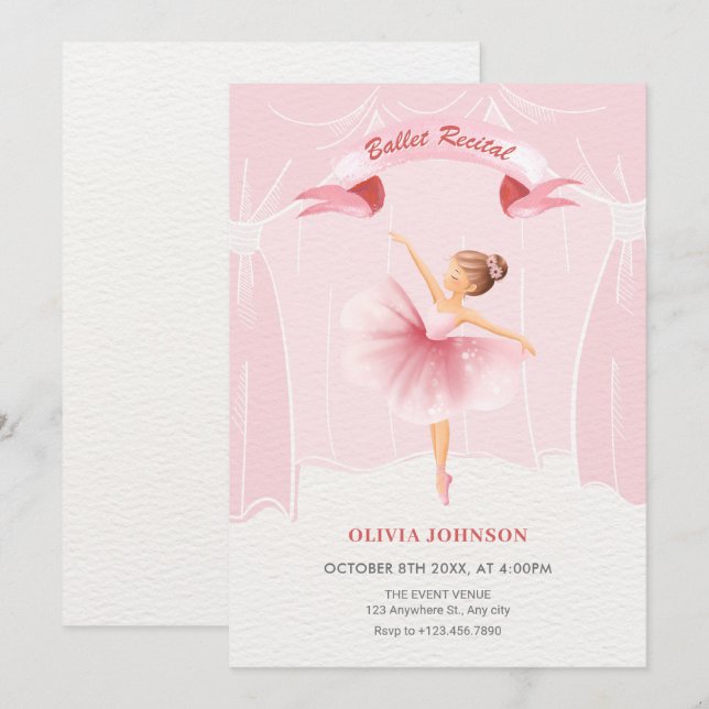 Pink ballerina ballet recital invitation (Front/Back)